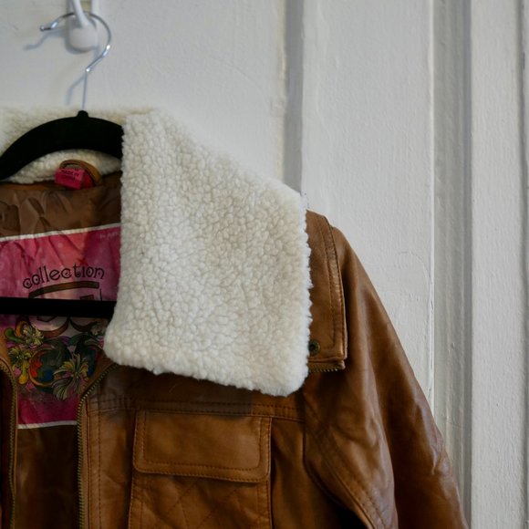 Faux Brown Leather Jacket with Removable Sherpa Collar (Size S) - Picture 3 of 3